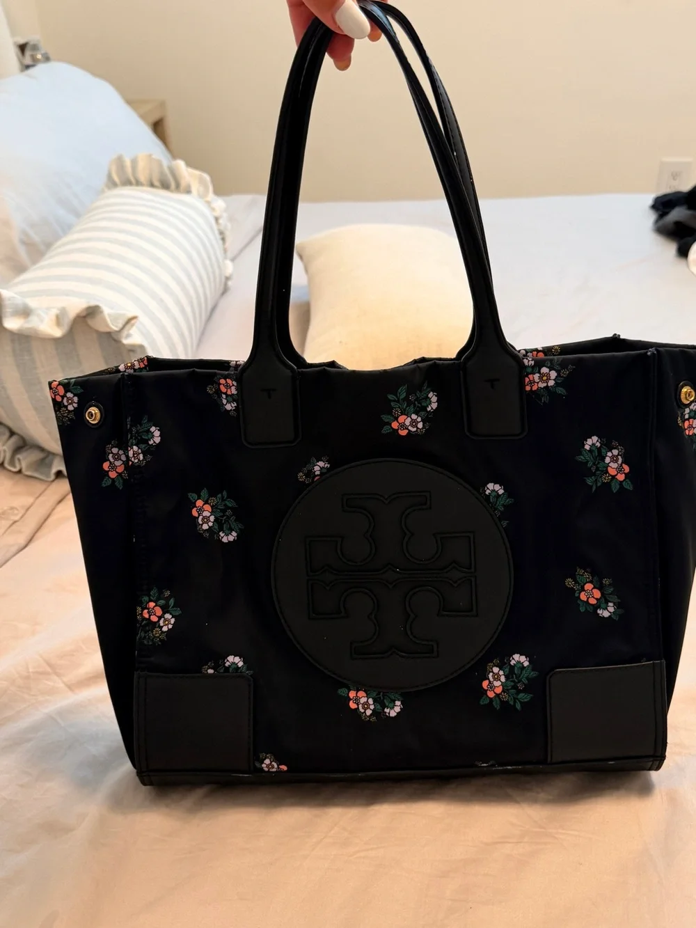 Tory Burch Black Floral Logo Tote